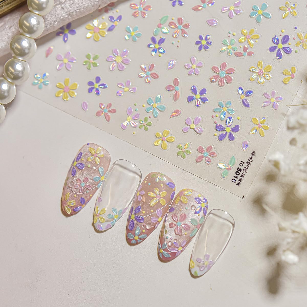1 Sheet Colorful Flower Nail Stickers, 5D Embossed Self-Adhesive Nail Decals, Summer Glossy Floral Nail Design Stickers for Women DIY Spring Floral Manicure Decoration Supplies