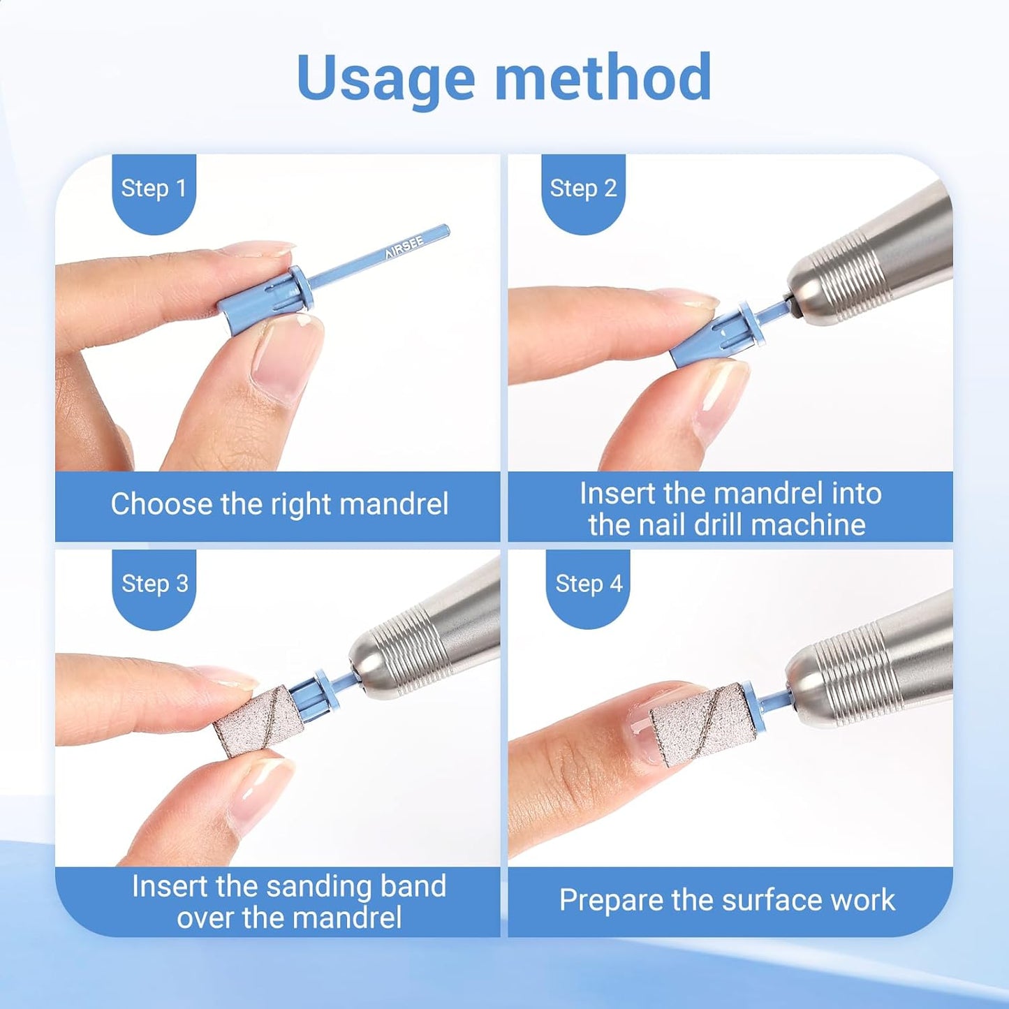 AIRSEE Nail Drill Mandrel Bit for Efile Sanding Bands, Stainless Steel Professional Electric File Head for Clean Cuticle Removing, Acrylic Tip Dead Skin Sander Remover Manicure Safety (Tranquil Blue)