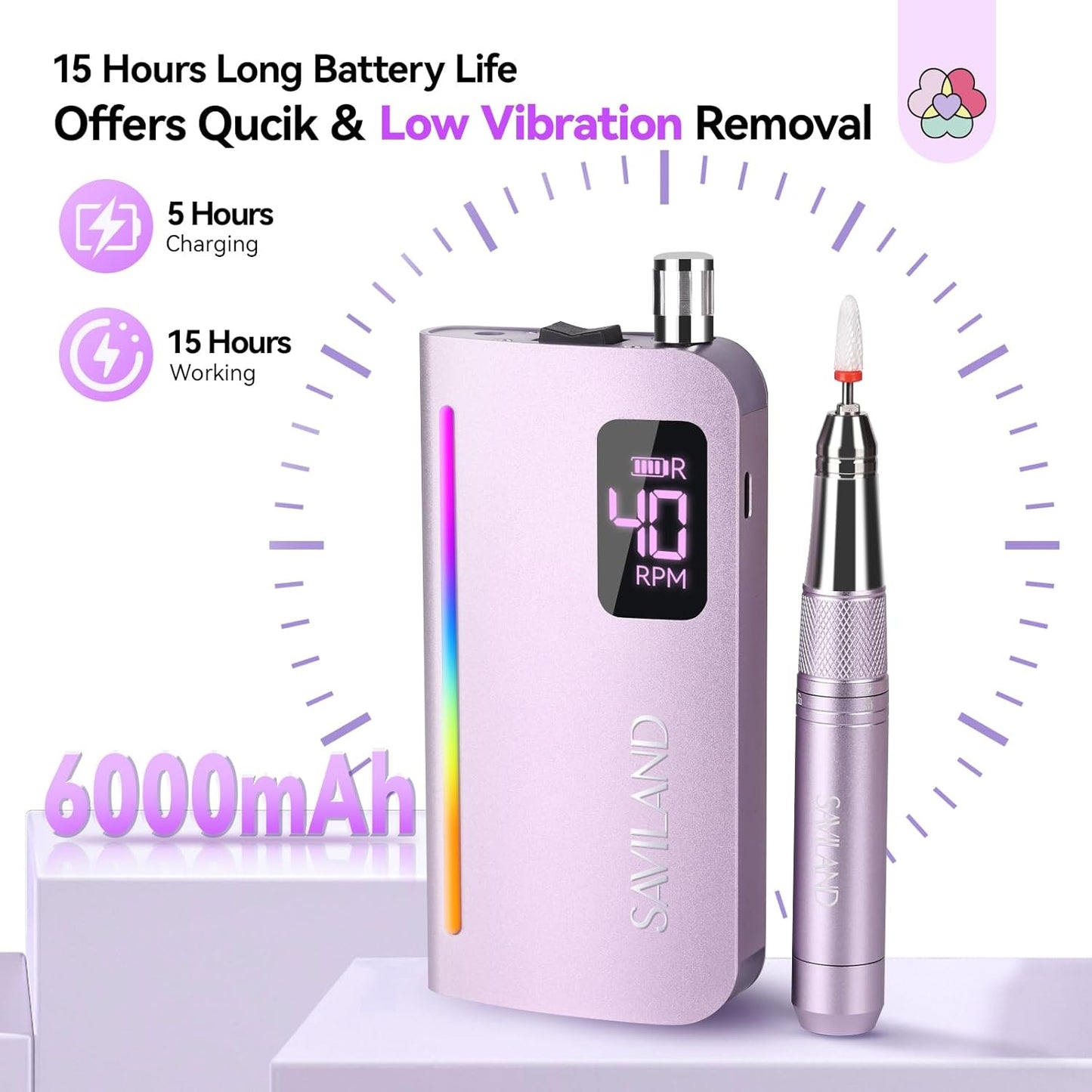 SAVILAND Advance Nail Drill Professional: 40000 RPM Powerful Torque Electric Nail File Low Vibration with Rainbow Light 15H Long Battery Life Coreless Motor Quiet for Quick Acrylic Removal PRO Salon