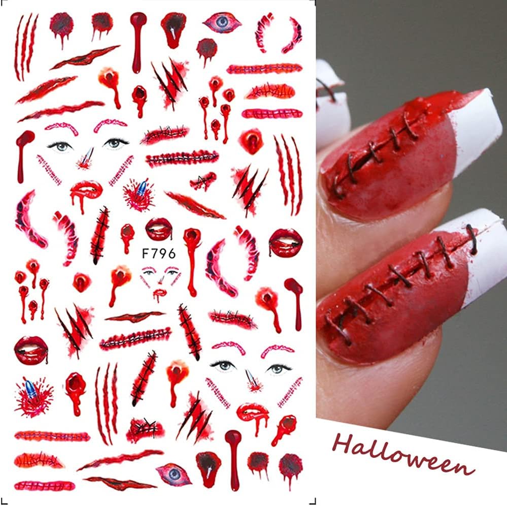 TOFD Blood Nail Art Stickers Halloween Sticker Decals, Self Adhesive 3D Supplies Scar Clown Snake Eye Heart Designs for Women Girls Acrylic Nails, 4 Count (Pack of 1)