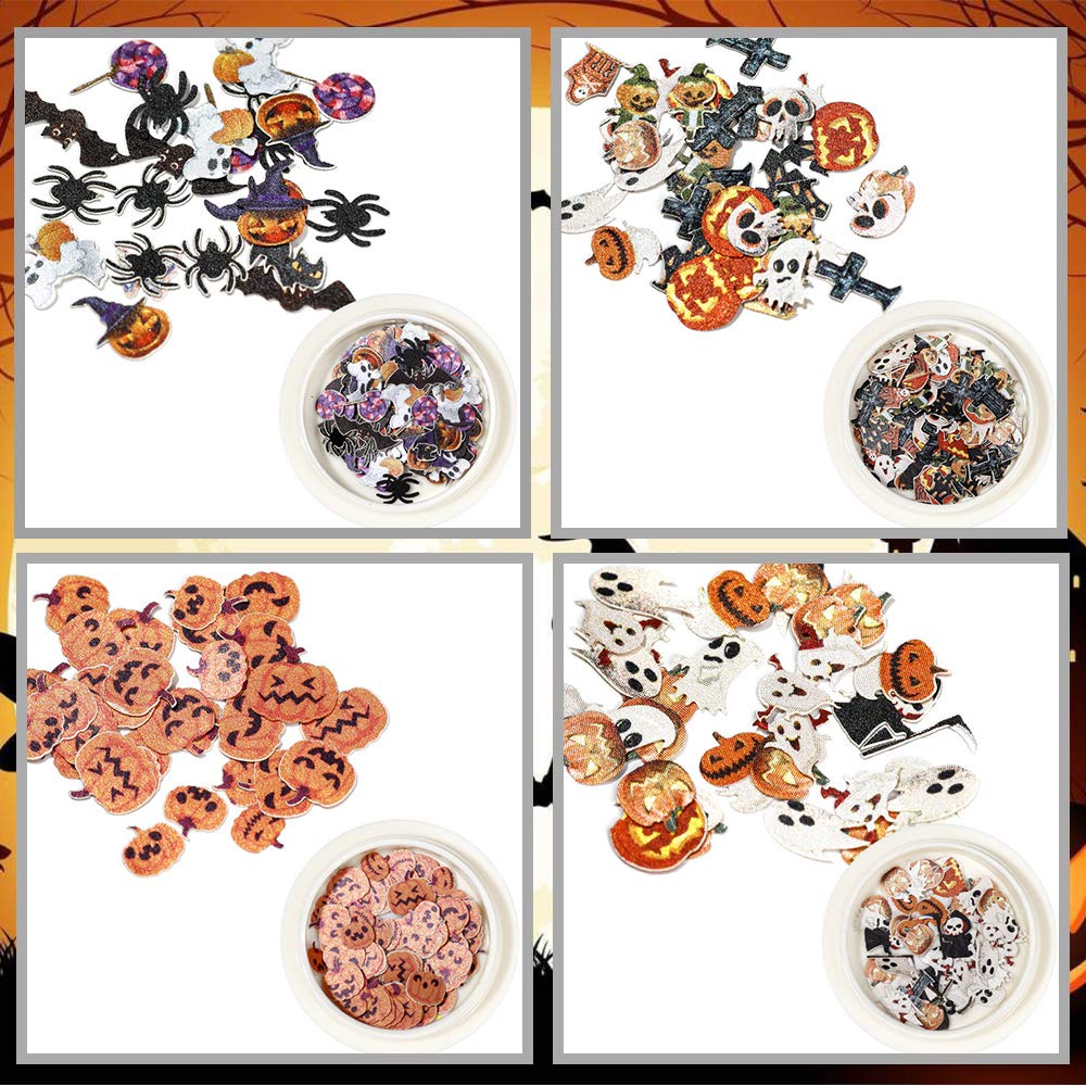 Kalolary 8 Boxes Halloween Nail Art Sequins 3D Nail Art Decals Stickers, Halloween Pumpkin Witch Bat Nail Arts Decals Manicure DIY Decoration Tools