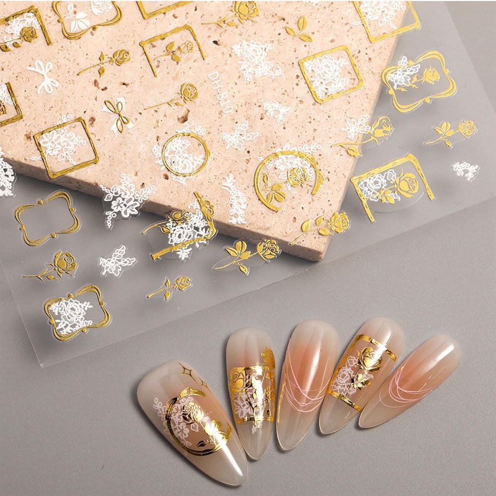 4 Sheets Vintage Nail Stickers for Women, 5D Embossed Frame Nail Decals for Designe Nail Art Supplies Manicure Decoration Accessories