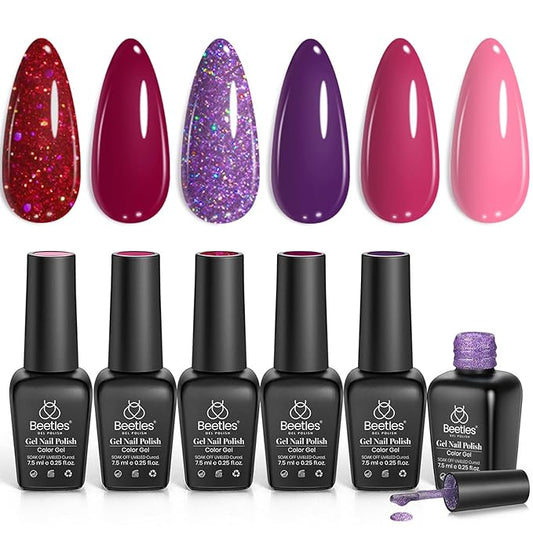 Beetles Gel Nail Polish, 6 Colors Peach Pink Purple Burgundy Red Plum Glitter Gel Polish Ruby Sonatas Collection, Soak Off Uv Lamp Cured Nail Art Design Fall Nails for Women DIY Manicure
