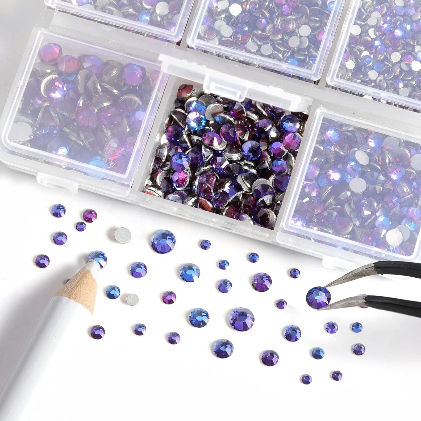 Beadsland 4300pcs Flatback Rhinestones,Purple Rhinestone Nail Gems Round Crystal Rhinestones for Crafts,Mixed 6 Sizes with Picking Tweezers and Wax Pencil Kit, SS6-SS20,Purple Velvet