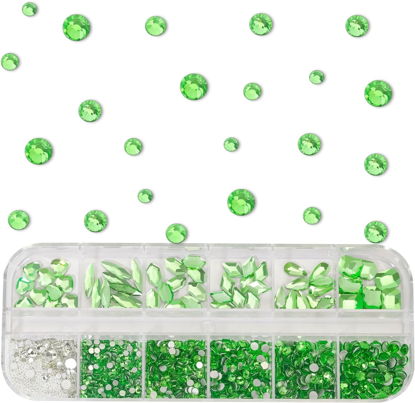 Multi Shapes Light Green 3D Glass Crystal Nail Rhinestones Kit Mix 0.8mm Silver Nail Round Beads Charm Flatback Gems 5 Grids Flatback Rhinestones Stone Diamond for Manicure Makeup DIY Decoration