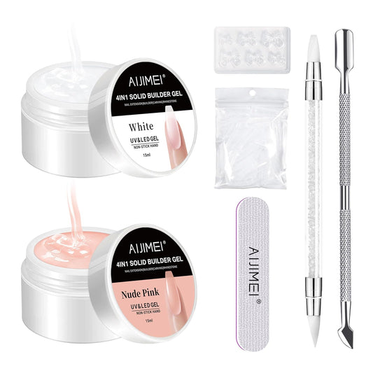 AIJIMEI 0.5oz Solid Nail Builder Gel Set - White & Nude (2 Pieces, 15ml/0.5oz) - DIY Gel Nail Extension & Art Kit (2 Pieces, 15ml/0.5oz)
