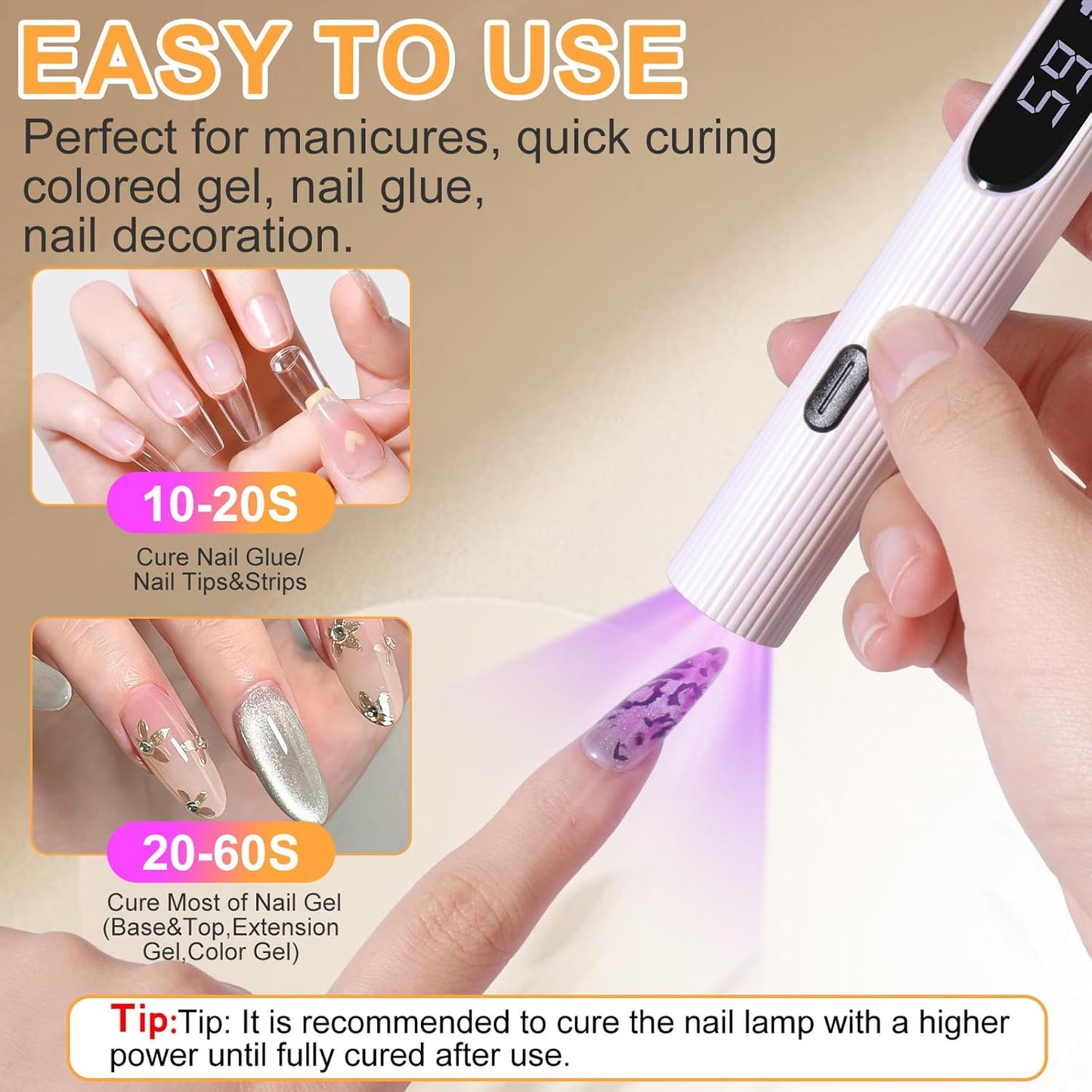 Handheld UV Light for Gel Nails, Nude Pink Gel Light for Nails Cordless Nail Lamp Rechargeable with Led Display Nail Dryer for Rhinestone Glue Decoration DIY at Home