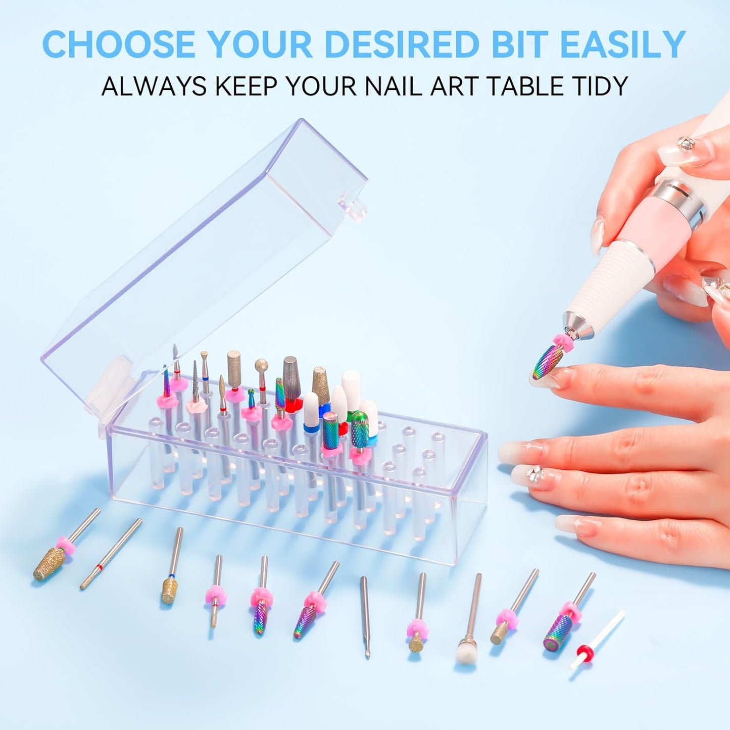 Makartt Nail Drill Bits Holder,Dustproof Stand Displayer Organizer Container Case 30 Holes drill bit holder nail tech Professional Nail art Tools(Not Inlcude Drill Bits,Clear)