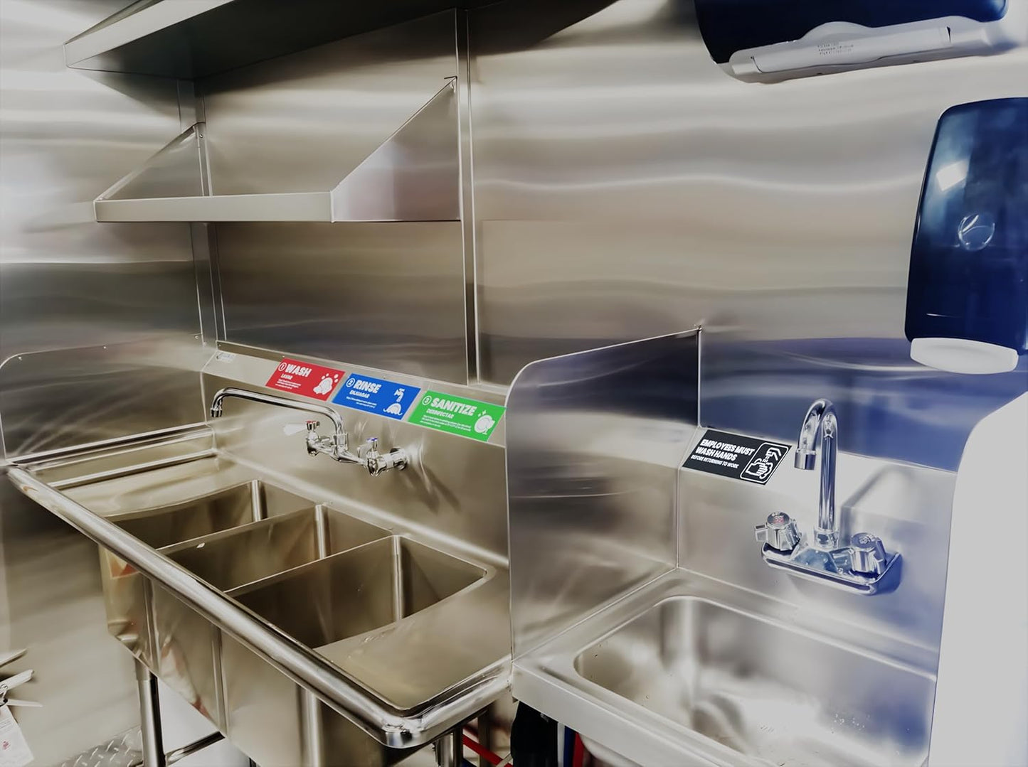 [Enhanced] Wash Rinse Sanitize Sink Labels, Hand Wash Only, and Employee Must Wash Hands | 3 Compartment Sink Stickers | Training Labels for Dishwashing | Food Service Operators (1 Set: 6 x 2 in)
