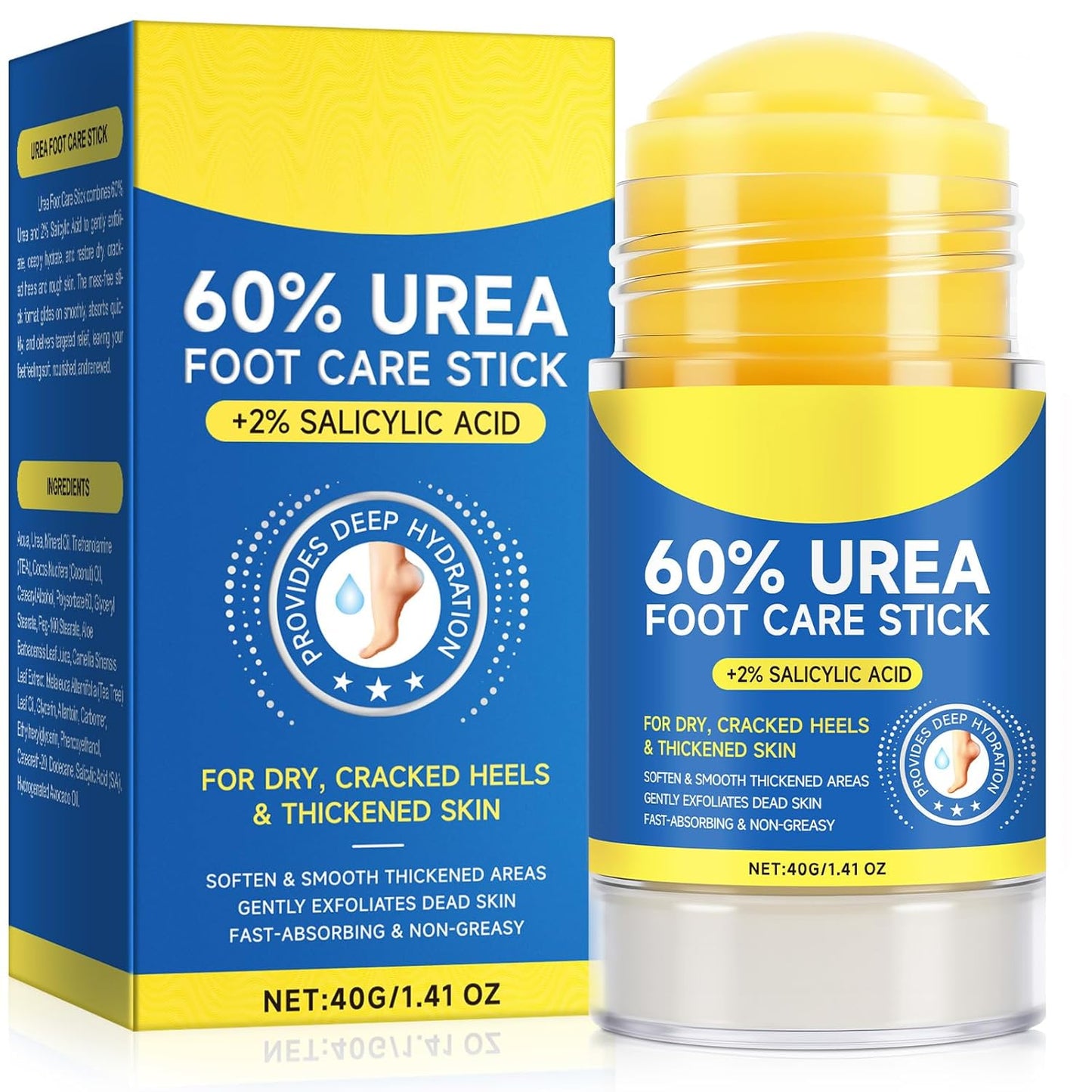Urea Foot Care Stick - 60% Urea with 2% Salicylic Acid, 1.41oz - Moisturizer for Dry Cracked Feet,Knees,Elbows & Hands,Hydrating Cream,Callus Remover & Skin Softener,Soothes & Repairs Dry Skin