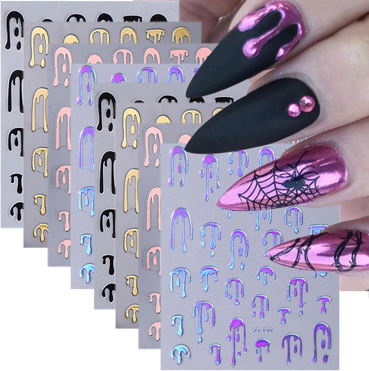 8 Sheets Halloween Nail Stickers for Nail Art 3D Laser Rose Gold Black Nail Decals Self-Adhesive Blood Drop Design Stickers Goth Nails Decals Halloween Nail Decoration for Women Acrylic Manicure Tips