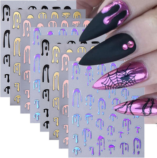 8 Sheets Halloween Nail Stickers for Nail Art 3D Laser Rose Gold Black Nail Decals Self-Adhesive Blood Drop Design Stickers Goth Nails Decals Halloween Nail Decoration for Women Acrylic Manicure Tips