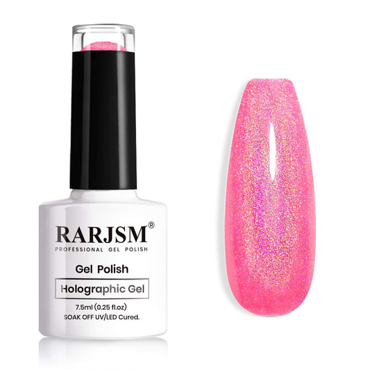 RARJSM Holographic Nail Polish Neon Hot Pink Gel Nail Polish 7.5ML Gorgeous Glossy Hologram NailGel Curing Required Gel Polish Nail Art Manicure Salon DIY at Home