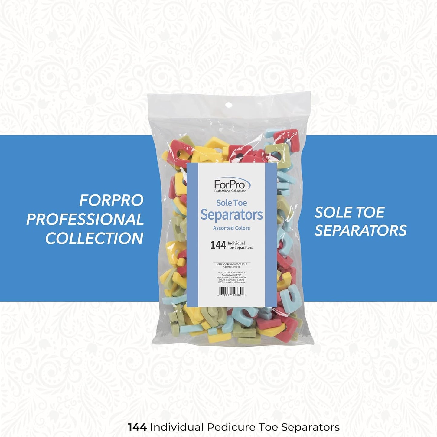 ForPro Sole Toe Separators, Assorted Colors, Individual Pedicure Toe Separators, 1” W x 1” L, 144-Count