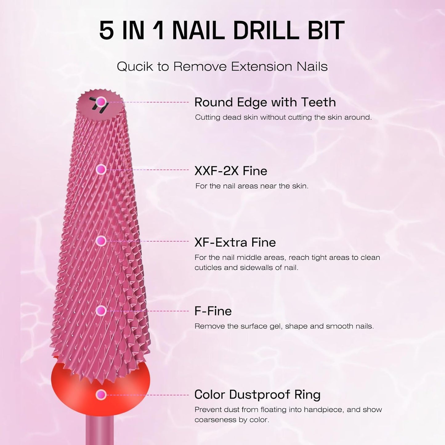 Depvko Super Long 5 in 1 Nail Drill Bits,Carbide Nail Drill Bit,3/32" Two Way Rotate Professional Drill Bit Nails,Nail Bits Fast Remove Acrylic or Hard Gel for Manicure,Pedicure,Nail Art (Fine-F, Red)