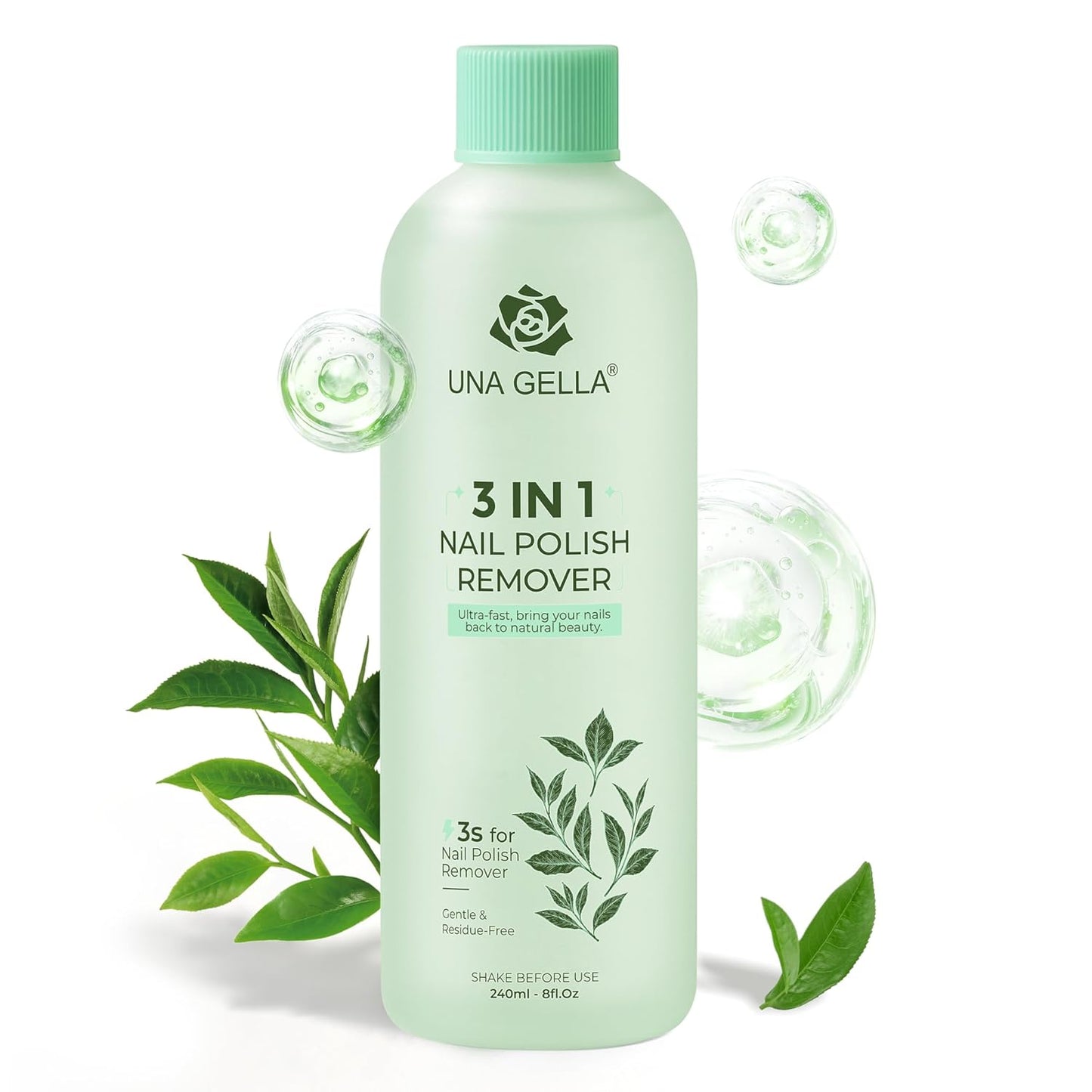 UNA GELLA Nail Polish Remover, Soak Off Acetone Polish Remover For Nails With Easy Use Cap, Healthy Formula Works For Nail Glue 8 Fl Oz, Green Tea Scent