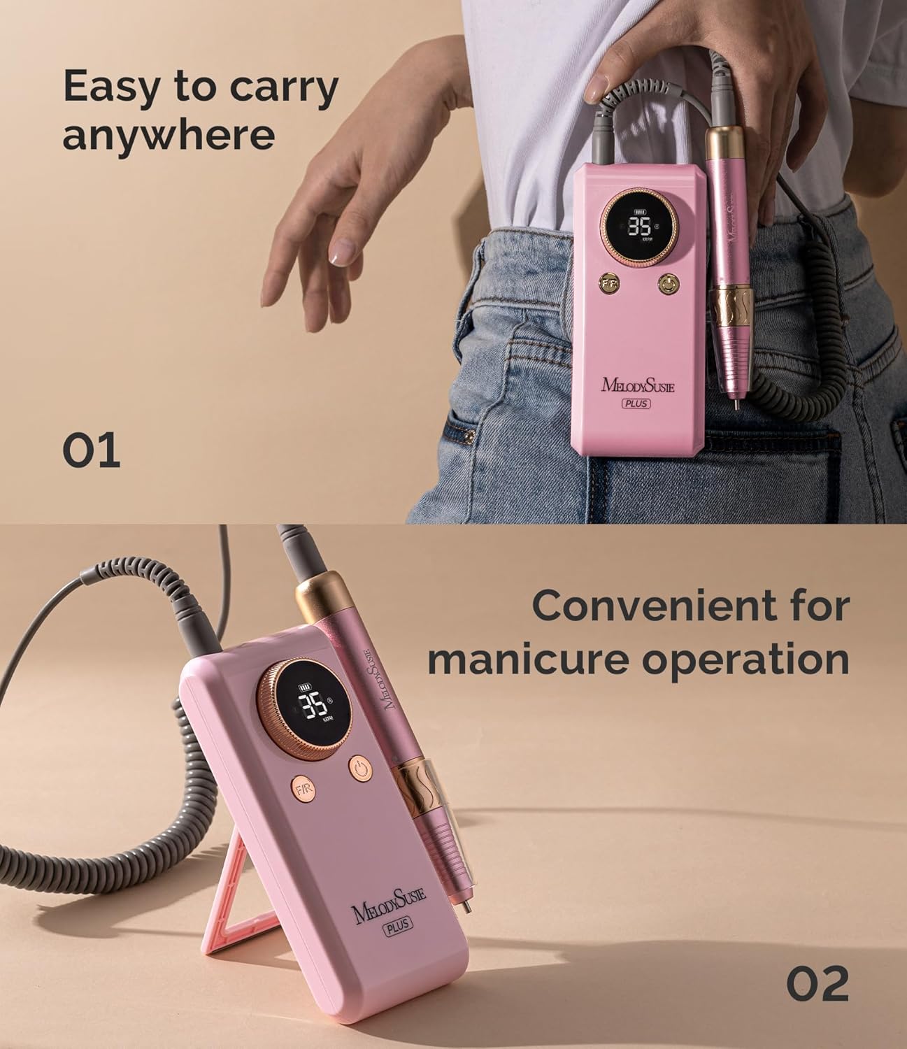 MelodySusie 2 in 1 Professional 35,000 RPM Nail Drill Kit, Coreless Rechargeable SM330G Electric Nail File, Cordless Portable Nail E File for Acrylic Gel Nails Polish Removal, Lightweight & Quiet Pink