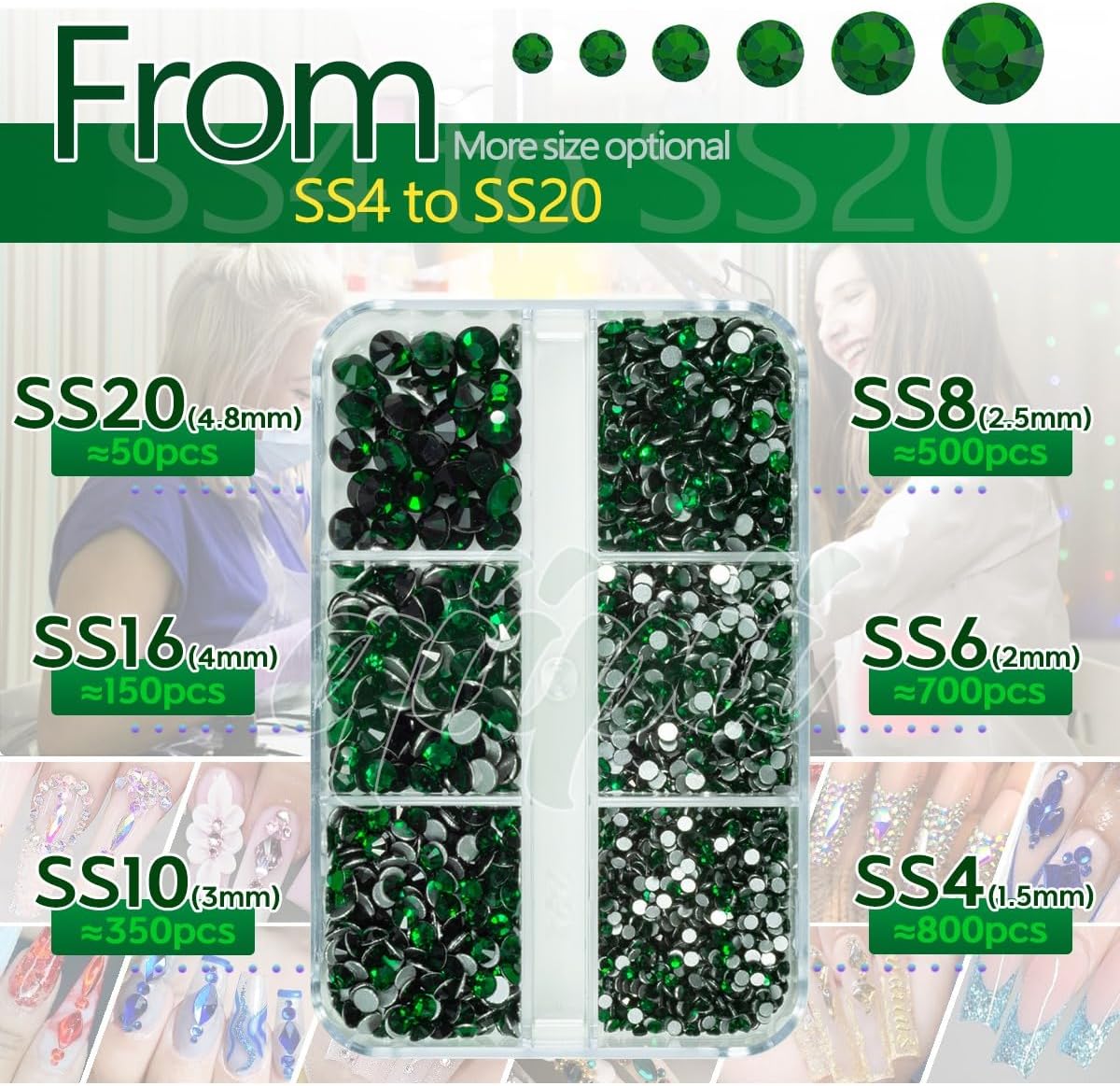 2550pcs Emerald Green Nail Art Flatback Rhinestones for Face Makeup Dark Green Nail Gems Gemstones K9 Glass SS4~SS20 6 Sizes Diamonds Stones Crystals w Tweezer & Picking Pen for Nails DIY Craft