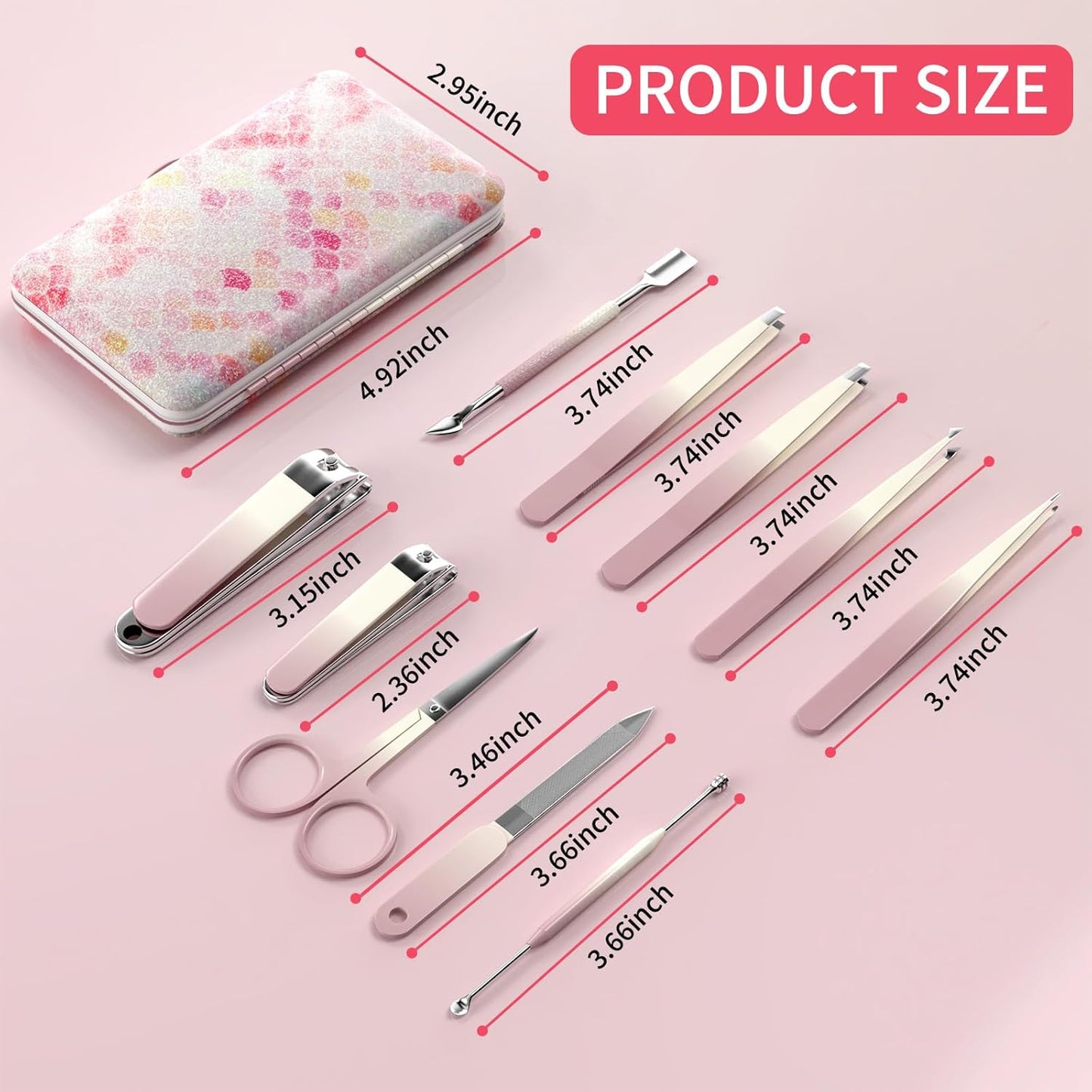 Manicure Set 10 in 1 Stainless Steel Nail Clippers Scissors Tweezers Grooming Kit with Travel Case (Pink)