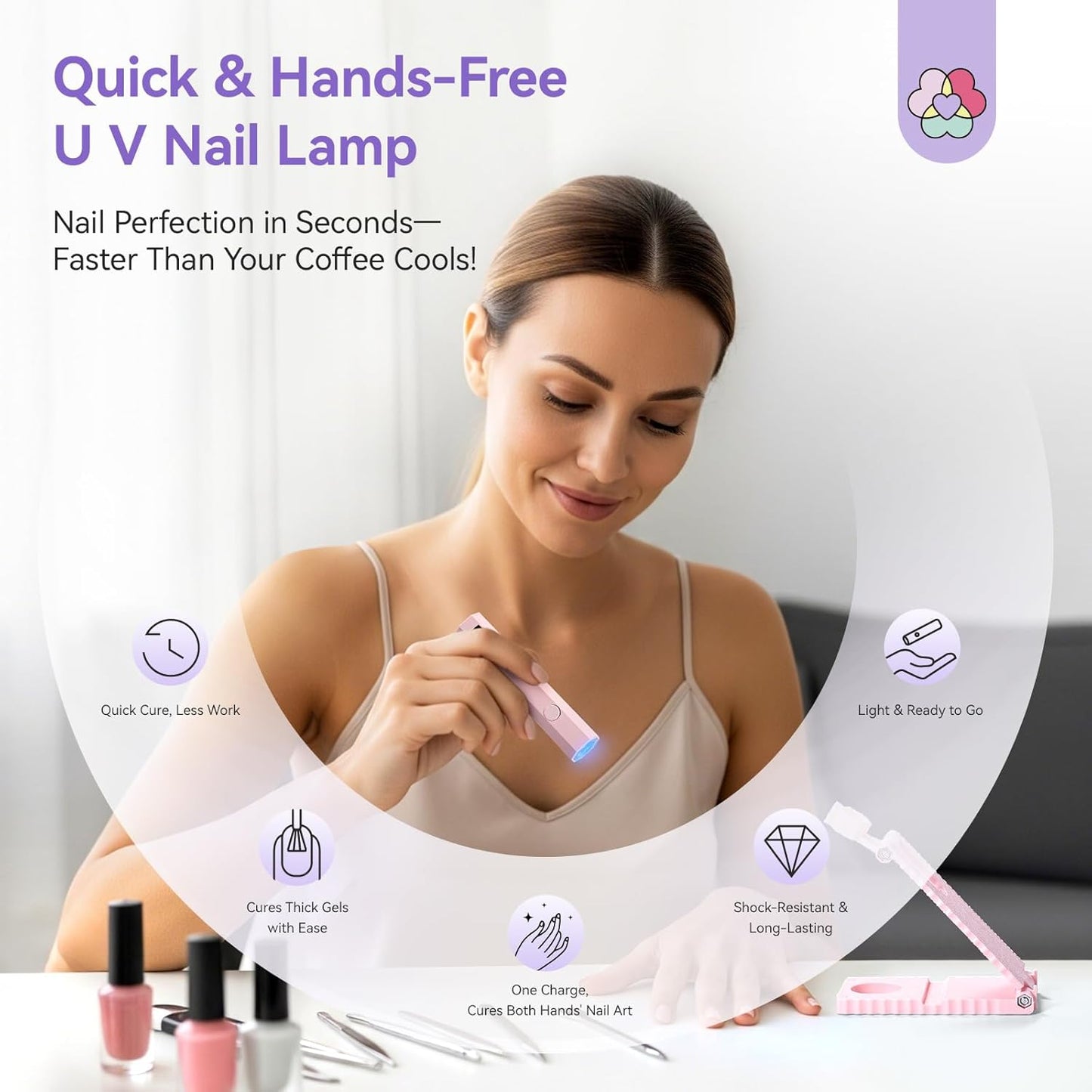 SAVILAND Essentials Handsfree LED Nail Lamp: Quick Dry Pink UV Nail Light with Foldable Stand Visible LCD 20/60s Timer Rechargeable Portable Cordless Gel Lamp Gel Tip Glue Rhinestone Decorations