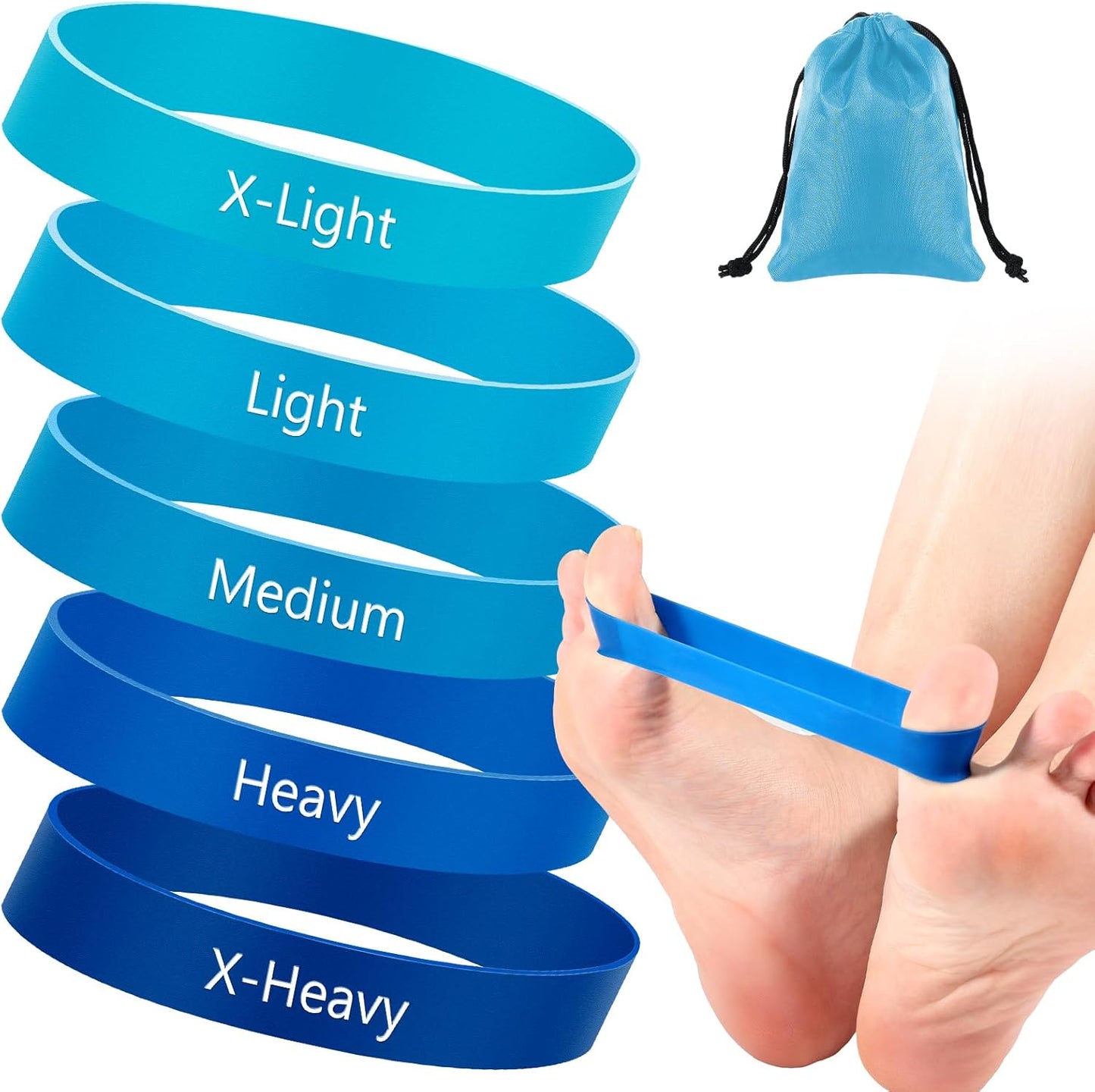 Set of 5 Toe Stretcher Bands for Bunions Correction Foot Big Toe Spacers Resistance Straightener Loop Bands with Carry Bag for Women Men Hallux Valgus Alignment Yoga Exercise(Blue)