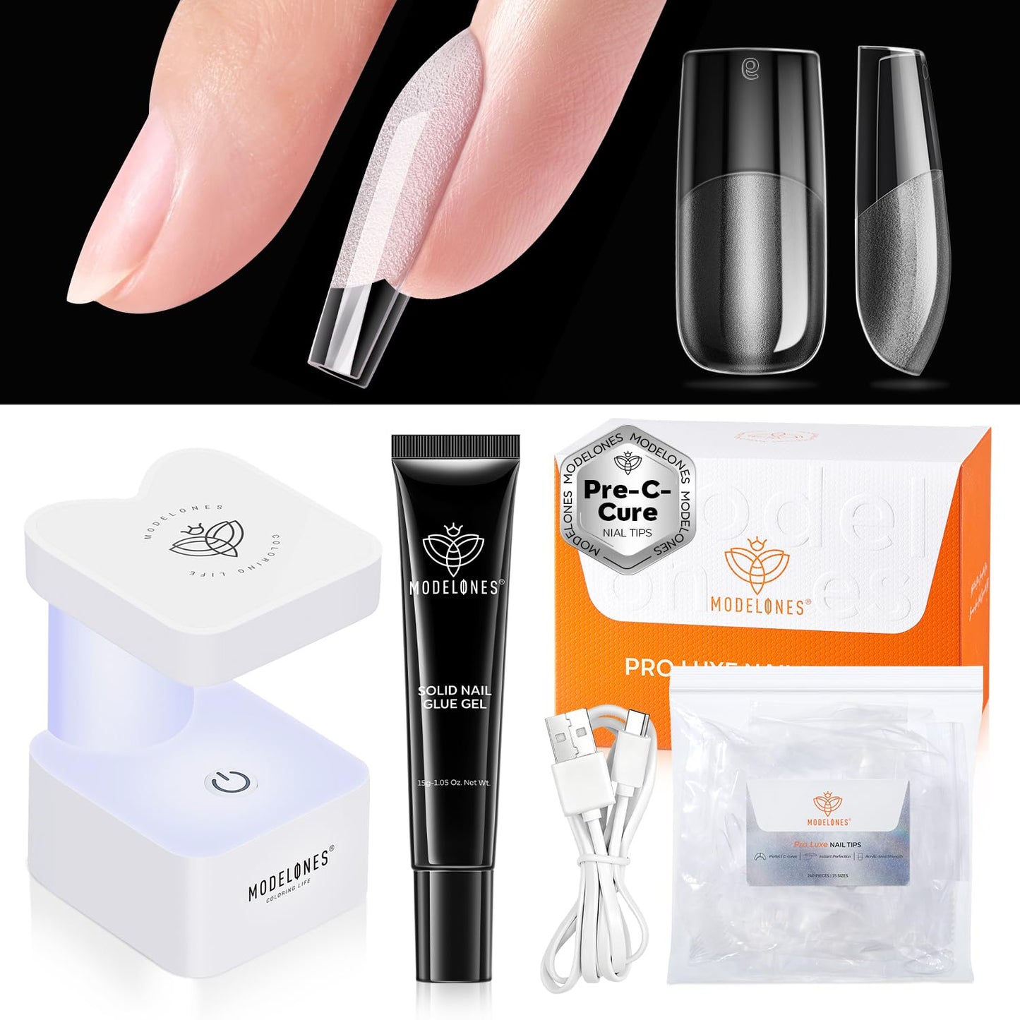 modelones Gel Nail Kit Square, 15Sizes False Nail Tips Instant Apex Solid Glue & Mini LED Light, Medium Square Pre-Building Strong Thick Acrylic Press on Tips U/V Lamp Extension Kit Women Gift 240Pcs
