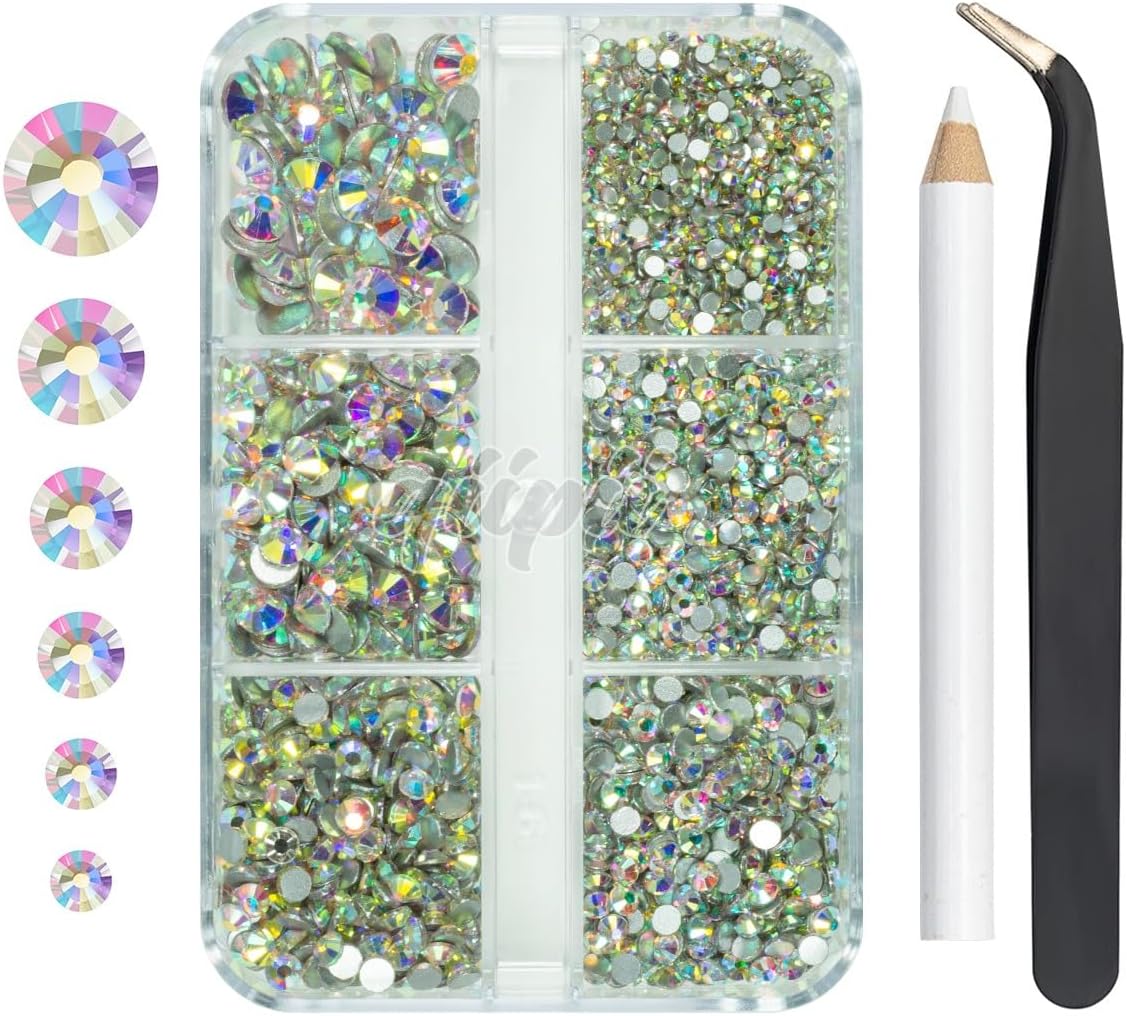 2550pcs Crystal AB Nail Art Flatback Rhinestones Charms for Face Makeup, White AB Nail Gems Gemstones K9 Glass SS4SS20 6 Sizes Bling AB Iridescent Diamonds Stones Jewels for DIY Crafts