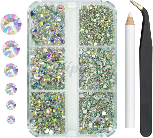 2550pcs Crystal AB Nail Art Flatback Rhinestones Charms for Face Makeup, White AB Nail Gems Gemstones K9 Glass SS4SS20 6 Sizes Bling AB Iridescent Diamonds Stones Jewels for DIY Crafts