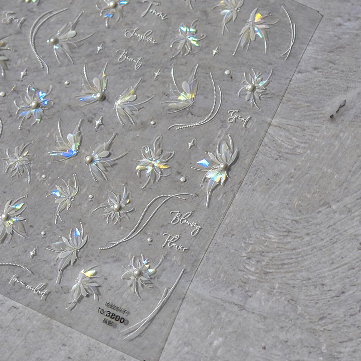 1 Sheet Shell Light Flower Nail Sticker with Rhinestone Design, White Line Nail Decals, 5D Embossed Self-Adhesive Nail Design Stickers for Women Daily DIY Manicure Decoration Supplies