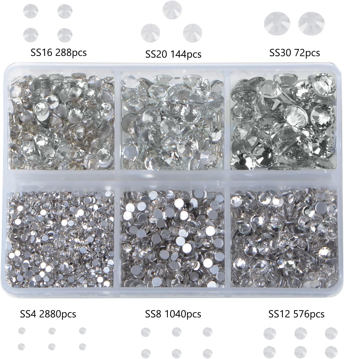 Bymitel 5000 Pieces 6 Mixed Sizes Glue Fix on Glass Rhinestones Round Crystal Gems Flatback for DIY Jewelry Making with one Picking Pen(6-Sizes 5000PCS, Clear Crystal)