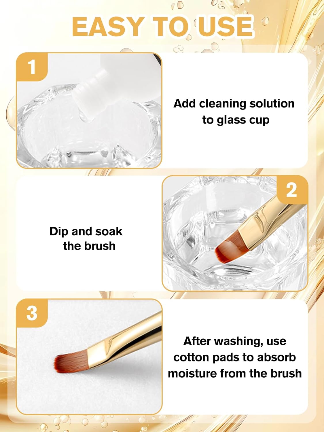 EBANKU 120ml Acrylic Nail Brush Cleaner, 3 in 1 Nail Art Brushes Conditioner Nail Brush Clean Solution Quickly Clean With Glass Cup and 100 Pcs Cleansing Pad for Solid Gel Polish/Nail Extension Gel