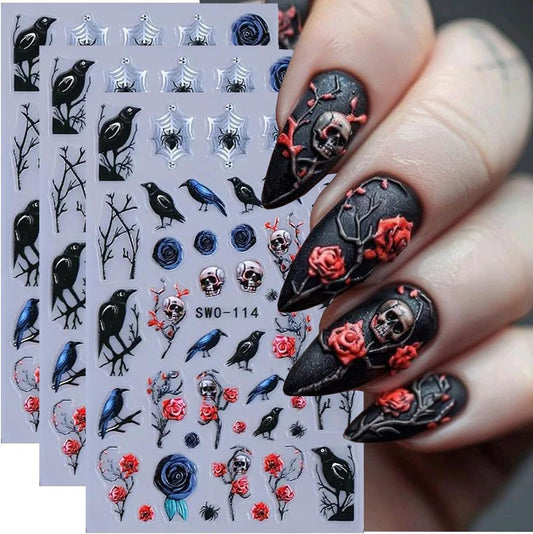 Halloween Nail Art Stickers 5D Embossed Halloween Nail Decals 3PCS Skulls Birds Roses Spider Self-Adhesive Nail Design Nail Art Supplies Holiday Nail Stickers for Women Girls DIY Manicure Decorations