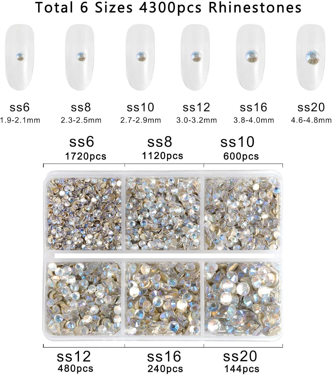 Beadsland 4300pcs Flatback Rhinestones,Glass Rhinestones Nail Gems Round Crystal Rhinestones for Crafts,Mixed 6 Sizes with Picking Tweezers and Wax Pencil Kit, SS6-SS20,Blue Moonlight