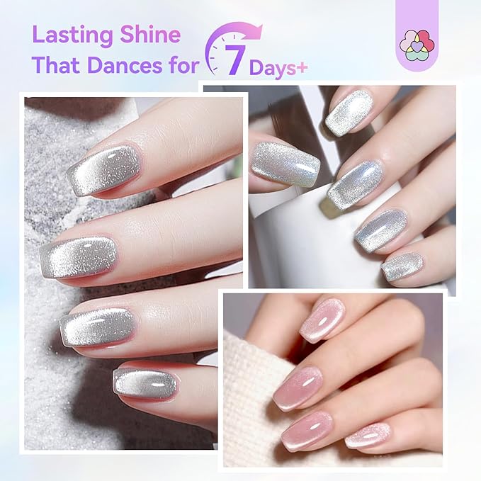 SAVILAND Color Artistry Cat Eye Nail Polish Kit: 6+1 Colors Quick-Dry Magnetic Sparkle Diamond Glitter Nude Pink Nail Polish Set with 3-in-1 Base Top Coat Cuticle Oil 12-Free Fingernail Polish Gift
