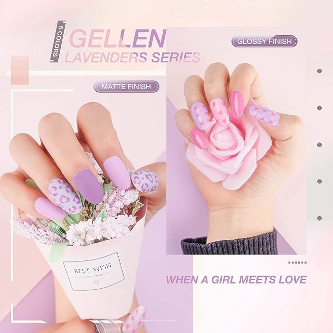 Gellen Gel Nail Polish Kit - 6 Colors Lavenders Series - Violet Lilac Rose Pink Popular Nail Gel Colors Nail Art DIY Home Gel Manicure Set