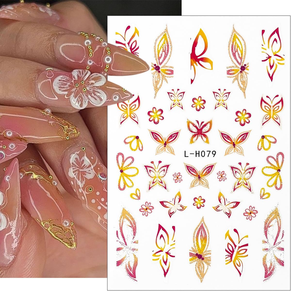 6Pcs Flower Nail Art Stickers 3D Glitter Hibiscus Nail Decals Pink Yellow Green Floral Nail Design Stickers French Tip Nail Art Sticker Spring Butterfly Nail Decoration Supplies for Women Manicure