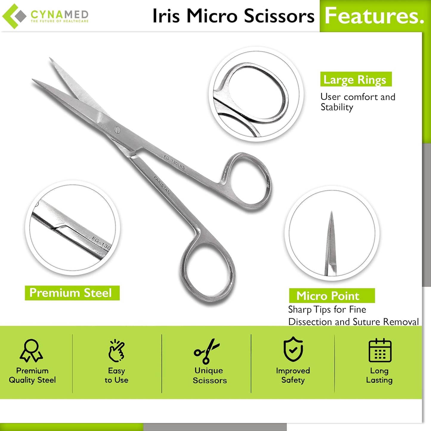 Cynamed Iris Micro Dissecting Precision Lab Scissors, Fine Point Straight - Perfect for Doctors, Nurses, EMS, Students, Education & Training and More (Pack of 3)