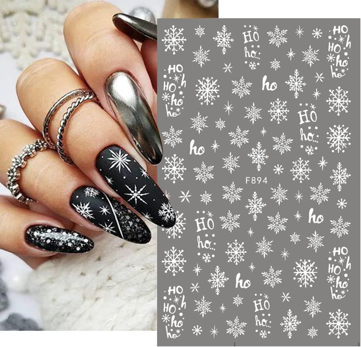 8Sheets Snowflake Nail Art Stickers 3D Xmas Nail Decals White Glitter Snow Nail Design Cartoon Elk Snowflake Snowman Bell Reindeer Sticker Foil Manicure Winter New Year Christmas Nail Decoration
