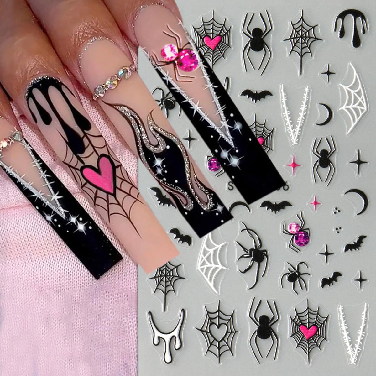6pcs/Set Halloween Ghost 3D Nail Sticker Pink Heart Spider Web Black Stars Moon Love Spider Skull Cartoon Nail Art Stickers Designs French Manicure DIY Cute Holiday Nail Art Decoration Charms