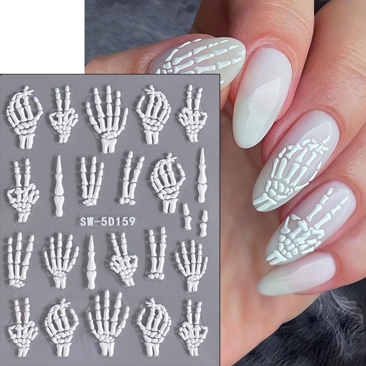 3 Sheets Embossed Halloween Nail Art Stickers Decals Gold Pink White Self-Adhesive Nail Stickers Design 5D Horror Bone Skull Hand Nail Decals for Women DIY Manicure Halloween Party Nails Decoration