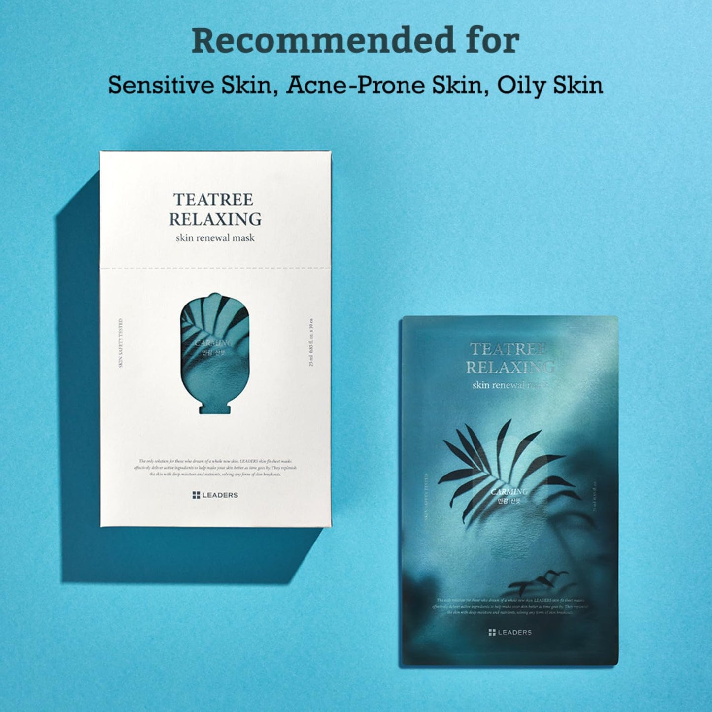 LEADERS Teatree Relaxing Skin Renewal Mask – Soothes & Calms Sensitive, Acne-Prone Skin – Controls Excess Oil & Reduces Redness – Hydrating and Refreshing Sheet Mask for Oily Skin – 10 Sheets