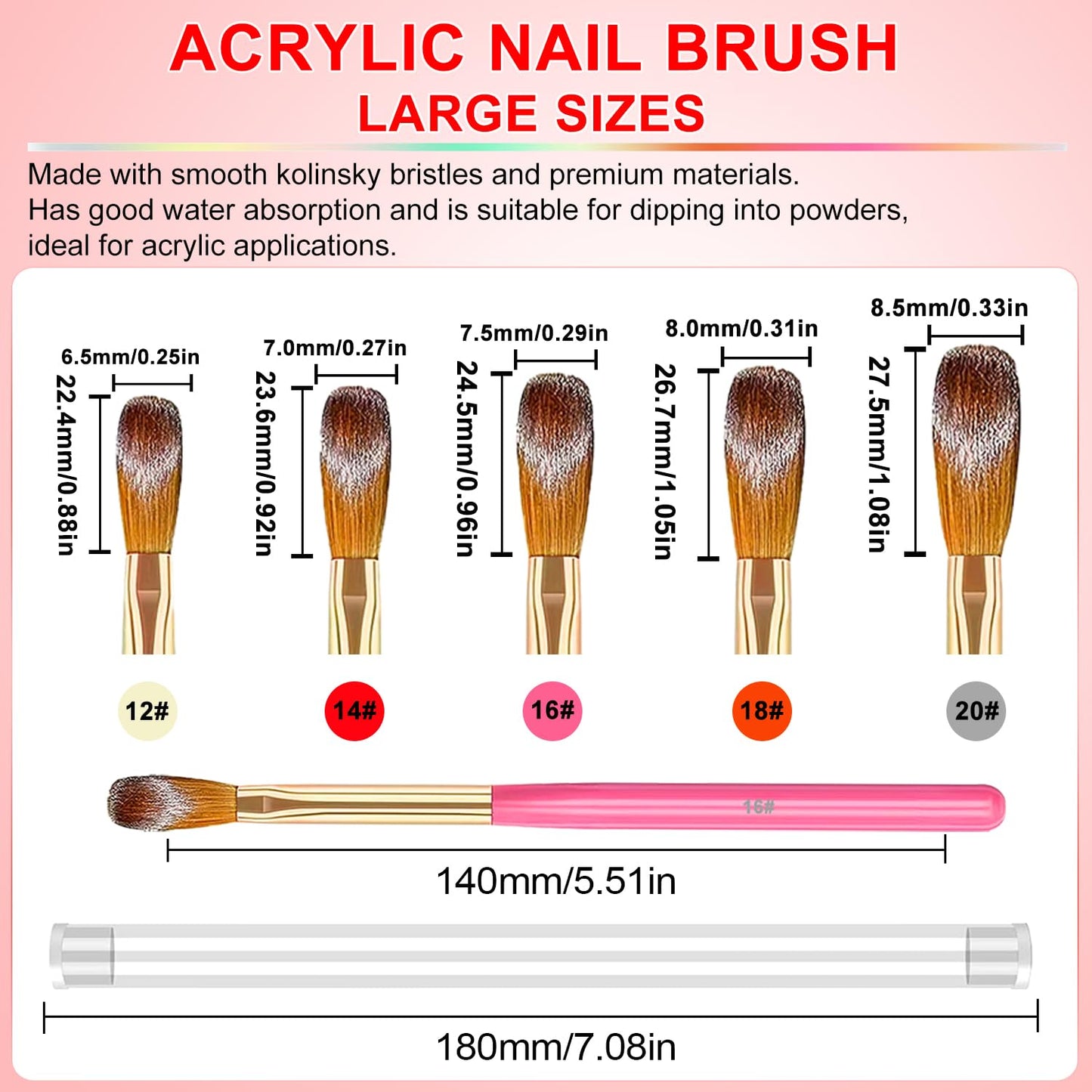 Acrylic Nail Brush Set, 5pcs Acrylic Nail Brush for Nails Size 12/14/16/18/20 Multifunctional Nail Brushes for Acrylic Powder Application,Acrylic Nail Extension, 3D Nail Carving Nail Brush set