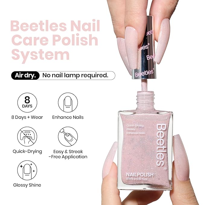 Beetles Nail Strengthener Polish - Dreamy Pink Haze Color Nail Polish Fast Drying for Nail Growth and Strengthener Dreamy Pink Haze Holographic Nail Art 15ml