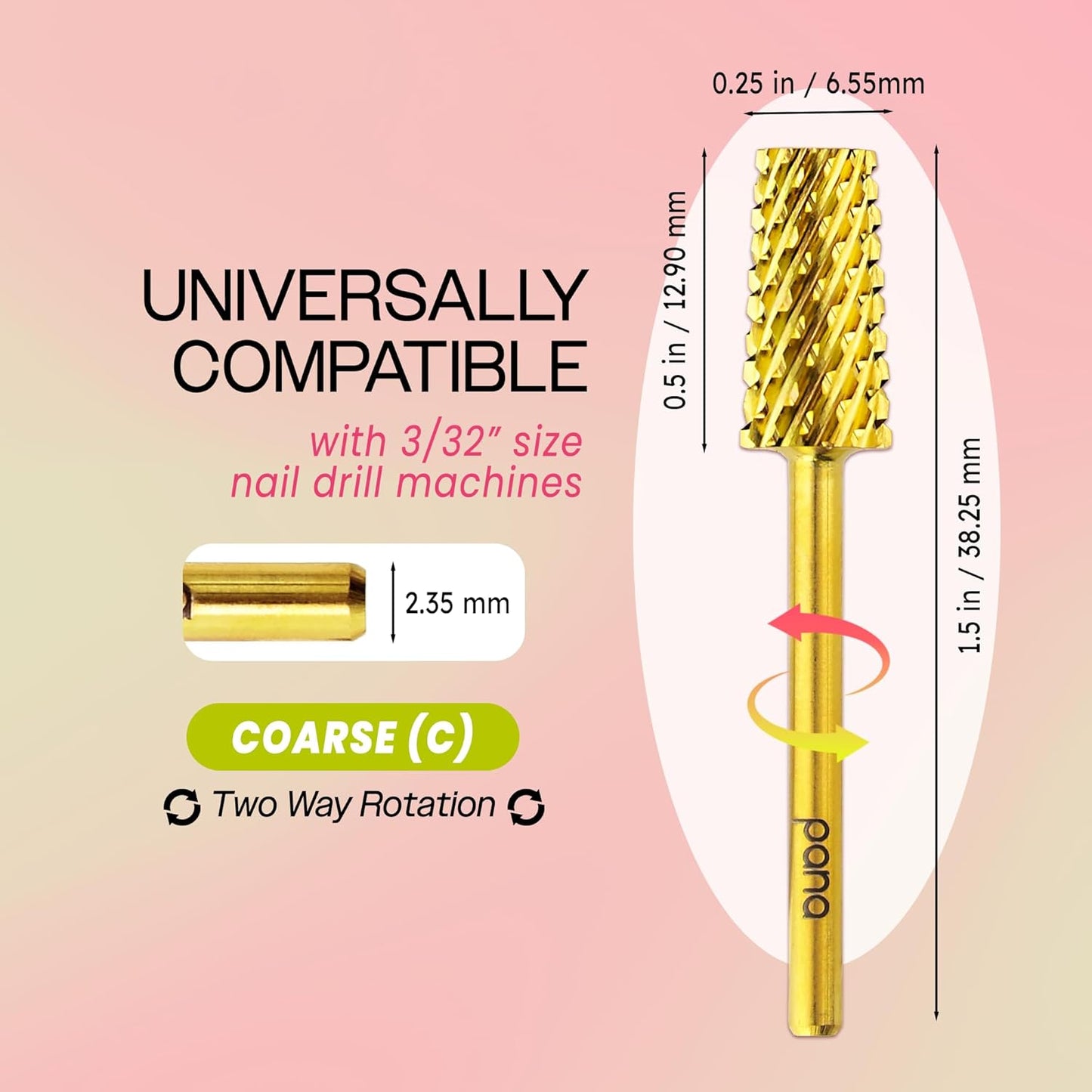 Premium Pana 3/32" Tapered Barrel Carbide Nail Bit -For Electric Dremel Drill Machine, Nail Art Design, Manicure, Pedicure, Nail File, Cuticle Clean etc. (Coarse Grit- Gold)