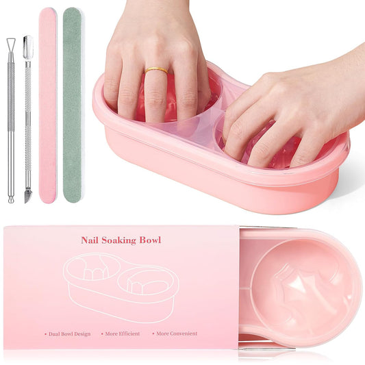 Quaferen Dual Nail Soaking Bowl: 2-in-1 Nail Polish Remover Manicure Bowl Acetone Proof for Women, Time-Saving Soak Off Acrylic Nail Removal Kit for Salon Home (Normal Size, Pink)