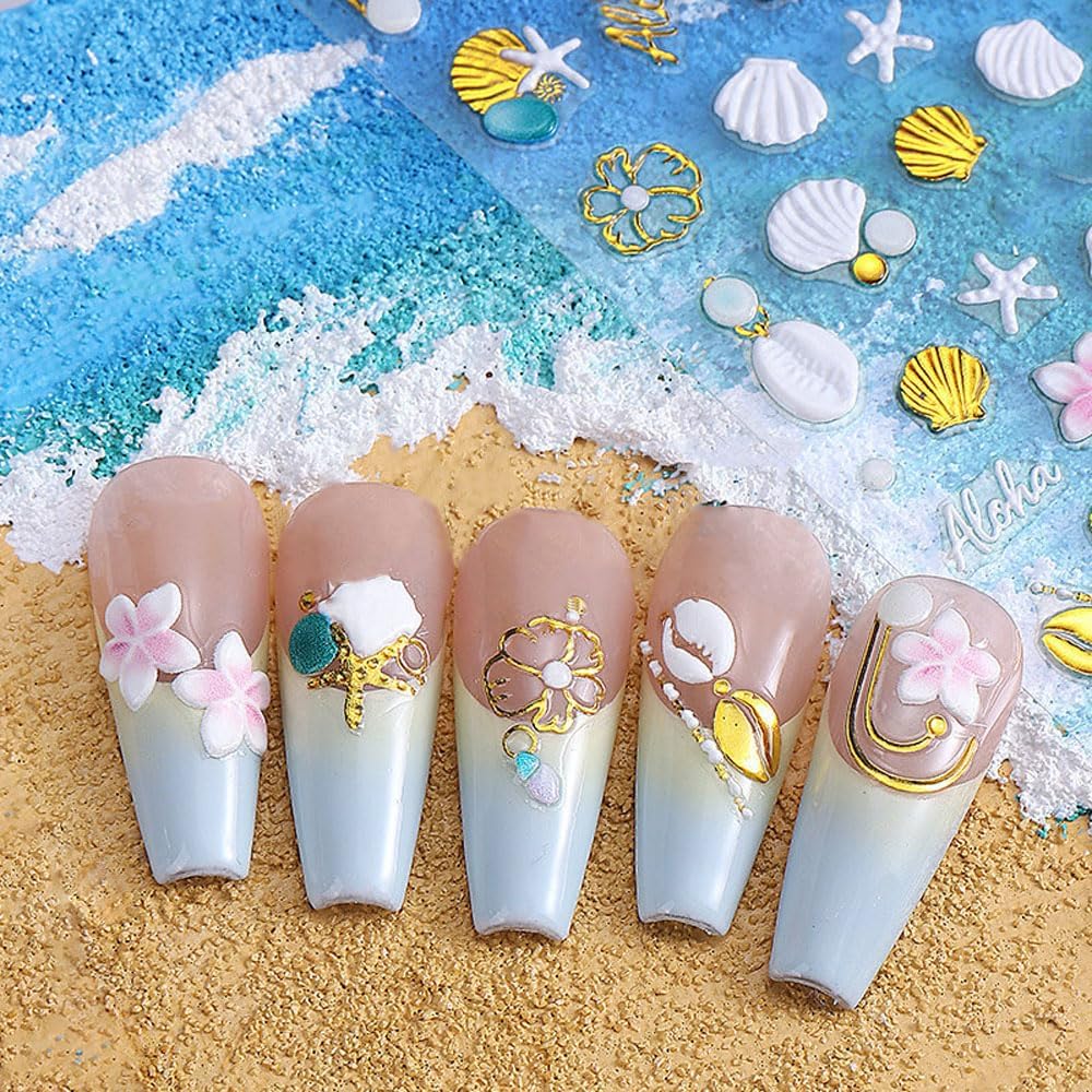 5D Embossed Beach Nail Art Stickers, 4 Pack, White Gold Shell Starfish Design, Self-Adhesive Ocean Theme Decals for Summer Manicure Decoration