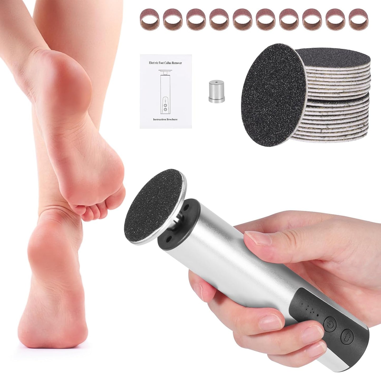 Electric Callus Remover for Feet, 6-Speed Pedicure Tool with 2-in-1 Rechargeable Foot File Callus Remover with USB Charging & 3 Types of Sandpaper, Dead Skin Remover for Dry Cracked Heels (Silver)