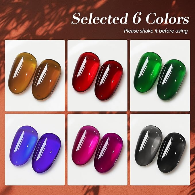 BORN PRETTY Jelly Gel Nail Polish Set,Christmas Brown Red Green Black Blue Purple Sheer Transparent Crystal Gel Nail Polish Kit Fall Winter Soak off Nail Polish for Manicure DIY Home Salon 7ML 6Colors
