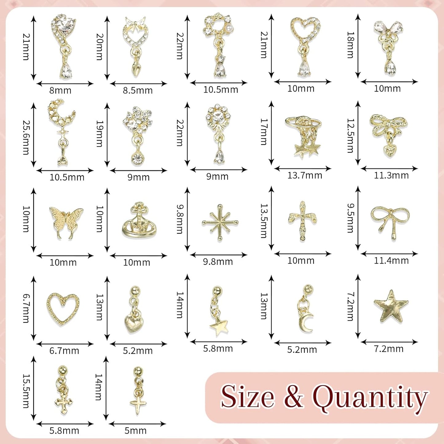 100Pcs Dangle Gold Nail Charms, Gold Cross Star Heart Crown Planet Bows Butterfly Nail Gems Charms, Golden Nails Art Supplies Women DIY Accessories