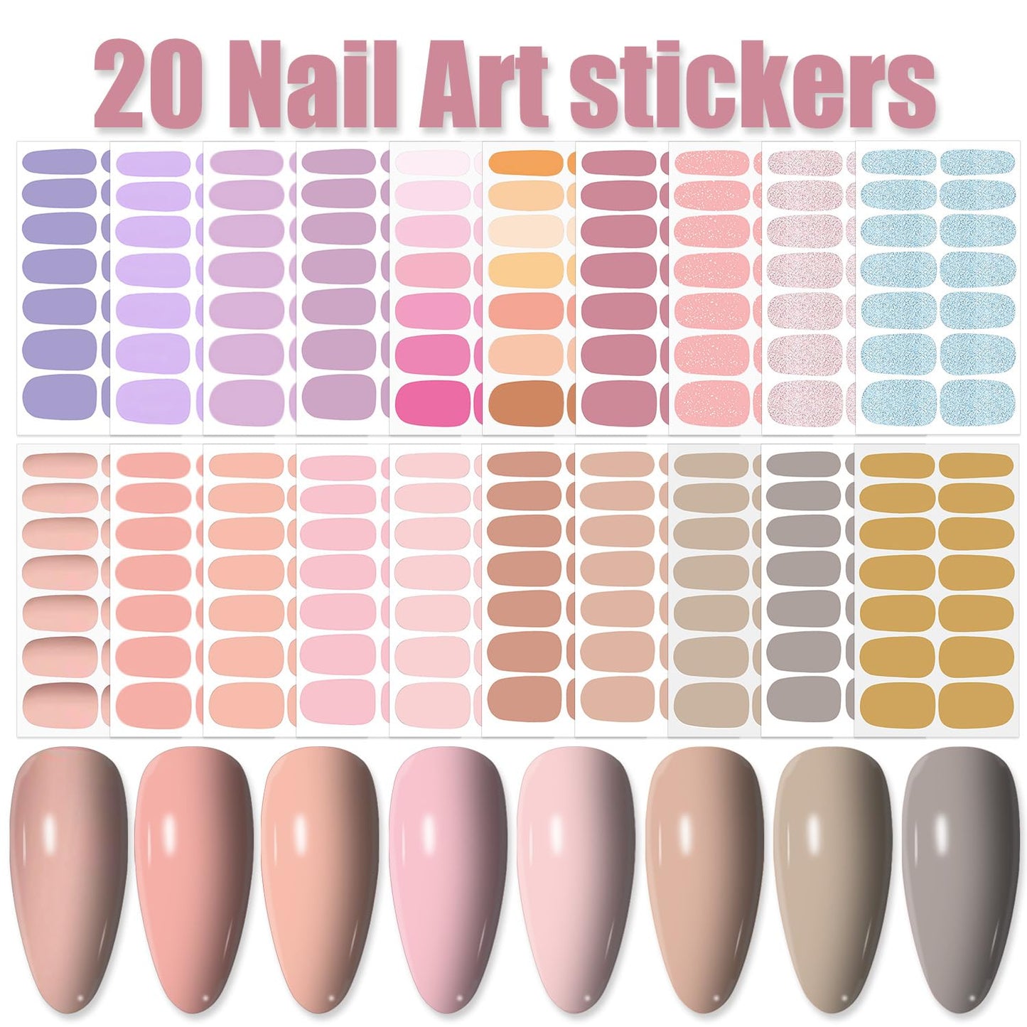 WOKOTO 20 Sheets Self-Adhesive Nail Polish Stickers Tips with 1pcs Nail File Full Nail Wraps Nail Art Decals Cute Light Color Series Gel Nail Strips Manicure Kit for Girls Women Stick On Nails